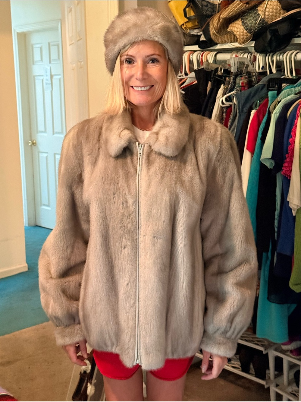 Women's Grey Fox Fur Teddy Jacket - Zip Front Cozy Coat